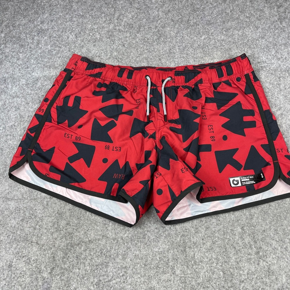 G-Star RAW Mens Red Black Geometric Graphic Swim Shorts Trunks EST 89 Size L